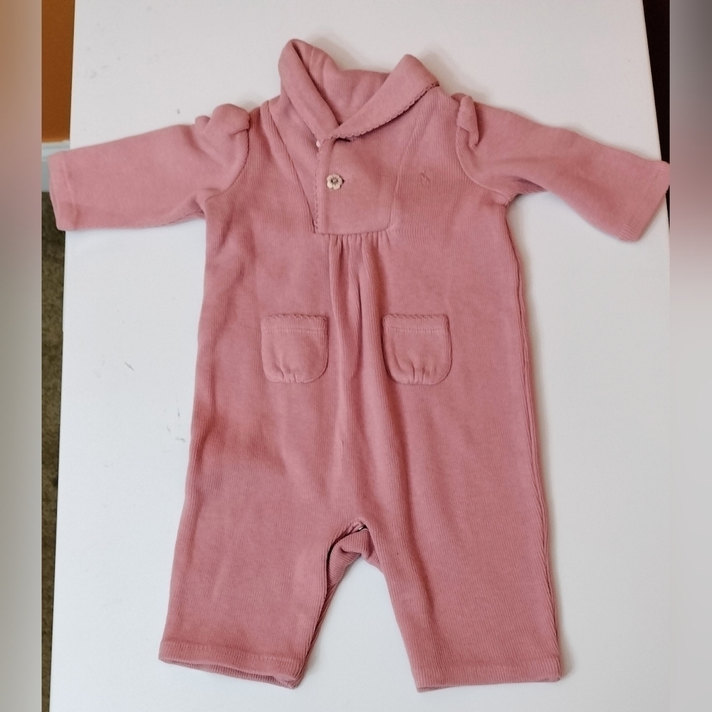 Ralph Lauren 3 Months Baby Girl Ripped Cotton Shawl Collar Coverall Pink